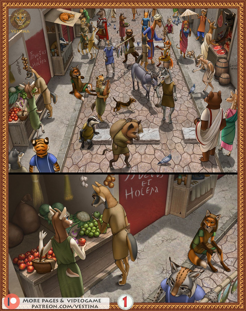 alcohol ancient anthro apple armor axe barefoot barrel basket beer beverage biped brown_body brown_fur butcher clothed clothing comic_panel container crowd crowded detailed_background dialogue dress feet female feral food fruit fur graffiti group guardian leash male market markings meat melee_weapon outside plant praetorian roman roman_clothing roman_empire shirt sitting spots spotted_body spotted_fur spqr standing street striped_body striped_fur stripes text toga topwear tunic umbrella vegetable walking wall_(structure) weapon vestina furry_rome agatha_(vestina) servius_(vestina) asinus aurochs avian badger bear bird bovid bovine camel camelid canid canine canis caprine caracal caracal_(genus) columbid coyote deer domestic_cat domestic_dog donkey equid equine felid feline felis fish fox goat gulonine horse hyena leopard lion mammal marine mustelid musteline new_world_deer pantherine pigeon recently_extinct_species roe_deer suid suina sus_(pig) tiger wild_boar wolf wolverine comic detailed english_text hi_res latin_text signature translated translation_check url