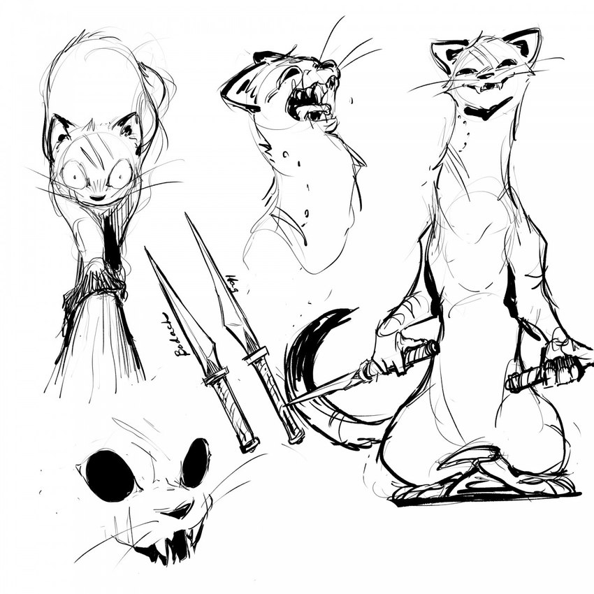 dagger female looking_at_viewer melee_weapon scar scars_all_over semi-anthro smile smiling_at_viewer solo standing weapon wide_eyed meroko_meyoko mouse_guard zada_(fan_character) mammal mustelid musteline stoat true_musteline weasel 1:1 hi_res monochrome