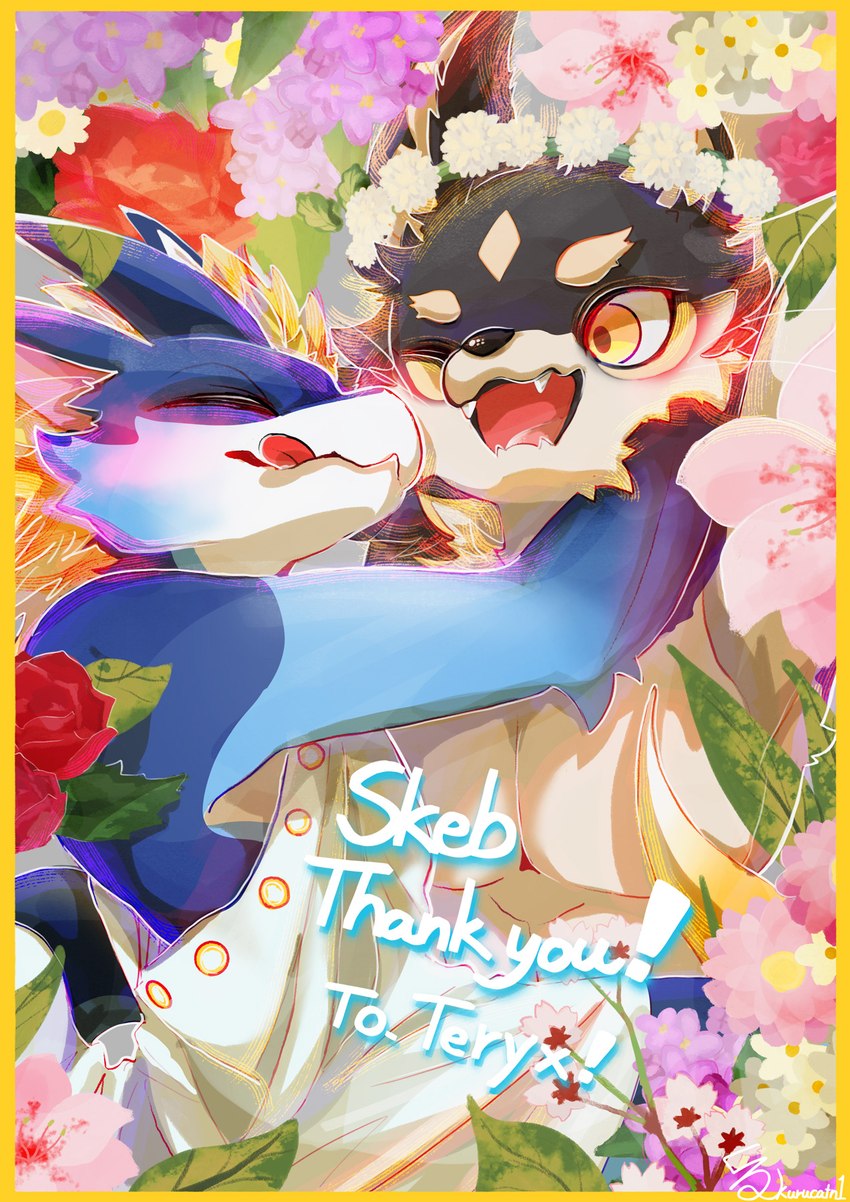 anniversary anthro celebration clothing duo field flower happy kemono kurucatn1 licking male male/male plant romantic romantic_couple toga tongue zephyxus mythology teryx favonius teryx_commodore canid canine canis dragon mammal mythological_creature mythological_scalie rain_dragon scalie wolf hi_res