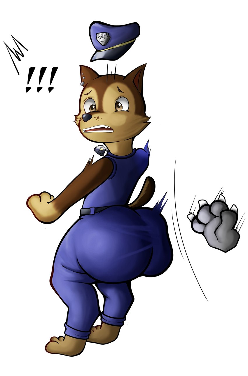 anthro belt big_butt brown_eyes bubble_butt butt butt_jiggle butt_slap claws clothing duo ear_piercing exclamation_point jiggling male male/male piercing police police_uniform slap solo_focus spanking surprise tight_clothing uniform wide_hips young dante59 paw_patrol chase_(paw_patrol) canid canine canis domestic_dog german_shepherd herding_dog mammal pastoral_dog absurd_res hi_res