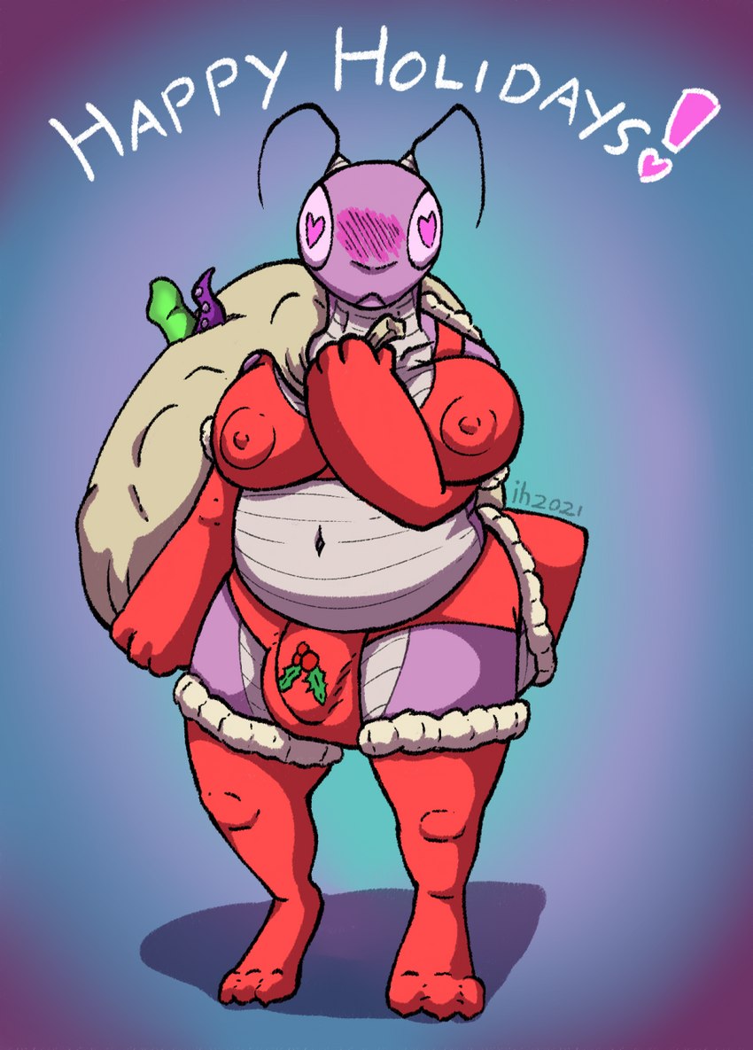 antennae_(anatomy) anthro bag balls_outline belly big_breasts blush blush_lines breasts bulge clothing costume crop_top detailed_bulge digitigrade dildo dressing festive genital_outline gift gloves gynomorph handwear heart_eyes heart_symbol holly_(plant) intersex legwear nipple_outline panties panty_bulge penis_outline pink_body pink_eyes plant sack santa_costume sex_toy shirt slightly_chubby slightly_chubby_anthro slightly_chubby_gynomorph slightly_chubby_intersex solo stockings tail thick_tail thick_thighs tongue tongue_out topwear underwear wide_hips impishhyena thicc_bug_(impishhyena) arthropod insect mantis hi_res