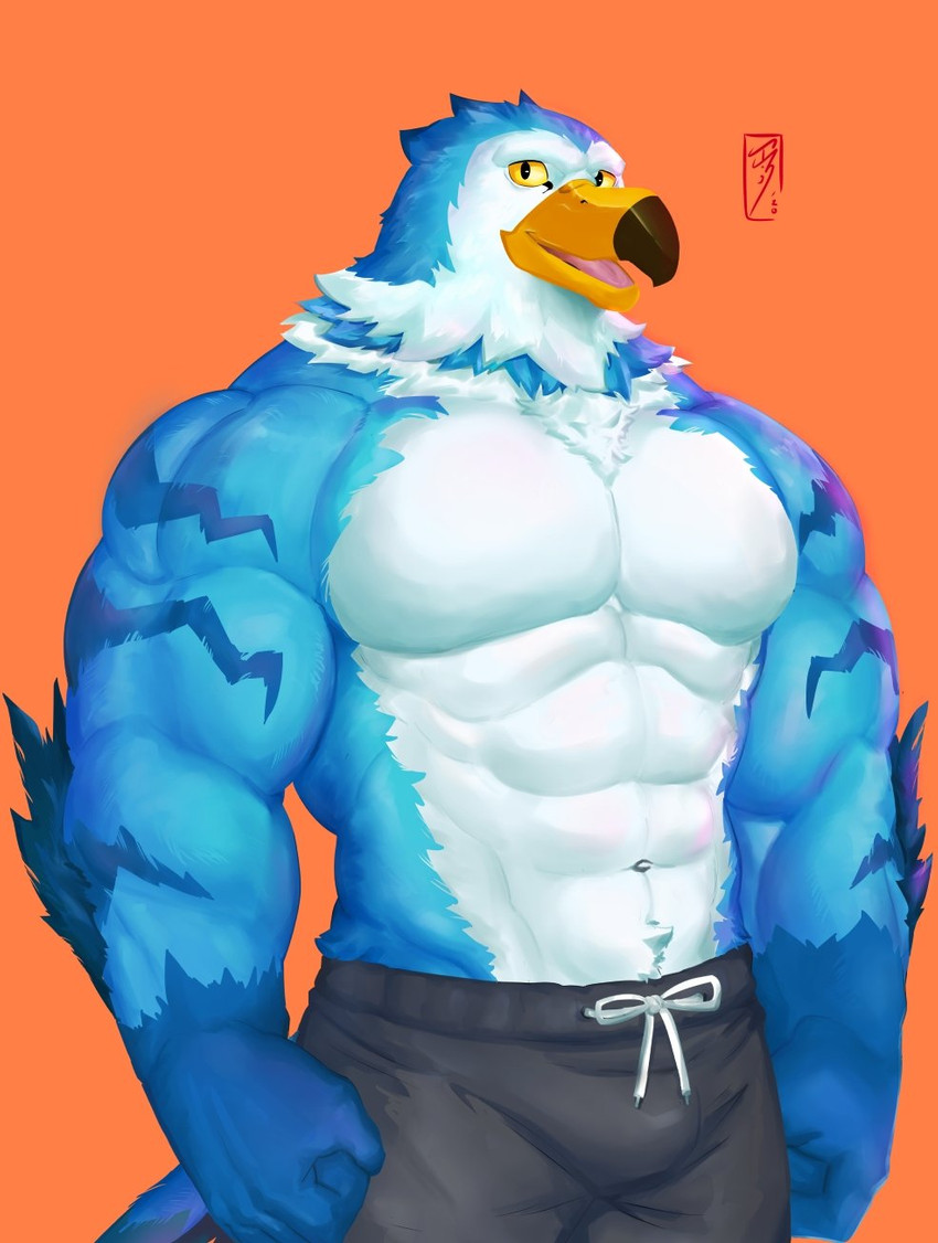 abs anthro beak biceps black_bottomwear black_clothing black_pants blue_body bottomwear clothed clothing deltoids fist looking_at_viewer male multicolored_body muscular muscular_anthro muscular_male navel open_mouth orange_background pants pecs simple_background solo topless white_body ixkouu animal_crossing nintendo pierce_(animal_crossing) avian bird hi_res portrait three-quarter_portrait