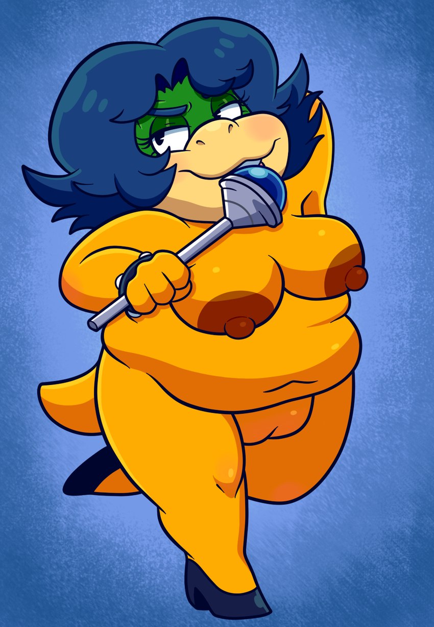 anthro areola armband blue_hair breasts clothing crossgender female footwear footwear_only genitals hair mostly_nude nipples non-mammal_nipples nude overbite overweight overweight_female pussy shell-less shoes shoes_only solo wand sinribbons mario_bros nintendo koopaling ludwig_von_koopa koopa scalie hi_res