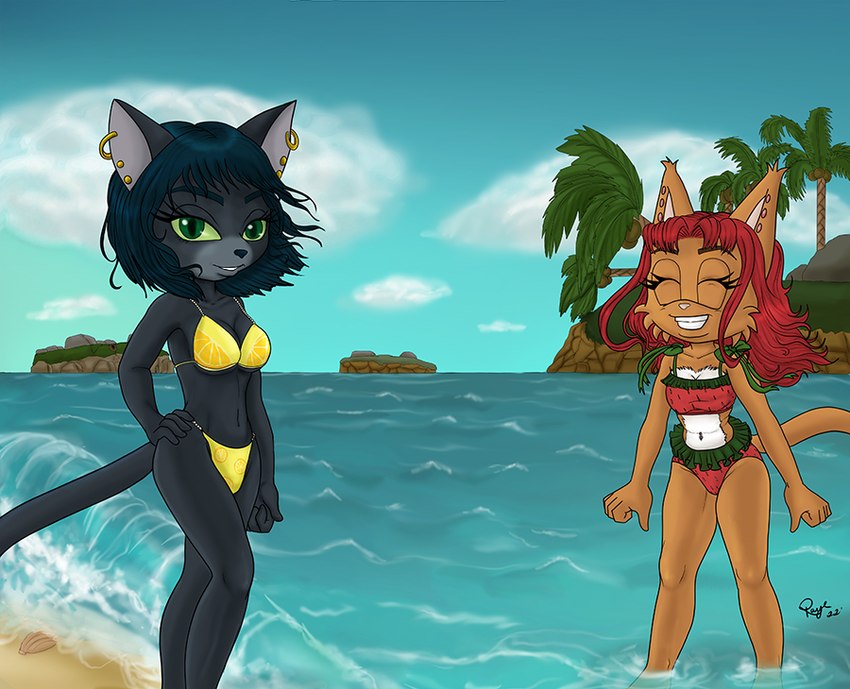 anthro beach bikini black_body black_fur black_hair breasts brown_body brown_fur clothed clothing duo ear_piercing ear_ring eyes_closed female fur green_eyes hair midriff navel outside palm_tree partially_submerged piercing plant red_hair ring_piercing seaside swimwear tree two-piece_swimsuit in_abyss amberette_(in_abyss) raye_(in_abyss) domestic_cat felid feline felis mammal 2022