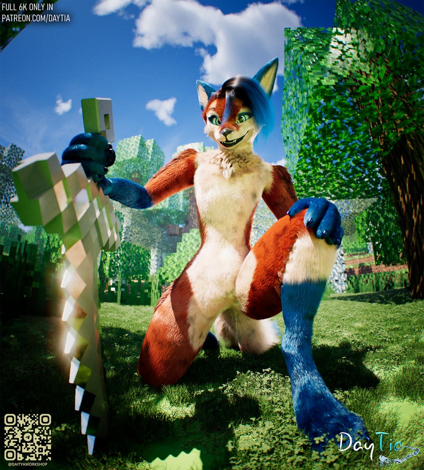 anthro blue_hair forest fur grass green_eyes hair holding_object holding_weapon kneeling light_source melee_weapon minecraft_block multicolored_body multicolored_fur parody paws pickaxe plant pose posed red_body red_fur sky solo sword tail text torch tree video_game_reference weapon white_body white_fur daytia c4d microsoft minecraft mojang xbox_game_studios canid canine fox mammal rexouium 3d_(artwork) cinema_4d_(artwork) crossover digital_media_(artwork) english_text hi_res