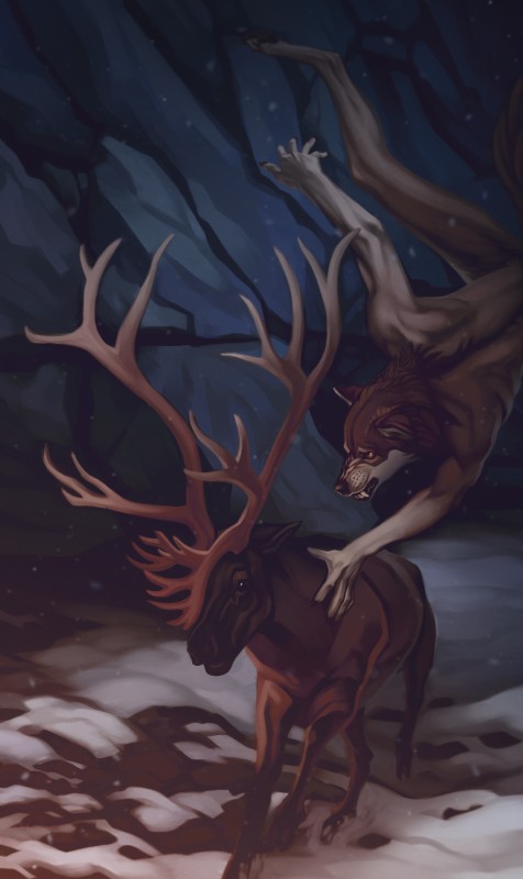 ambiguous_gender anthro brown_body brown_fur cloven_hooves detailed_background duo falling feral fur hooves humanoid_hands hunting male mountain nude pawpads pounce snarling snow blackpassion777 mystfell canid canine canis cervine deer elk mammal wolf absurd_res hi_res