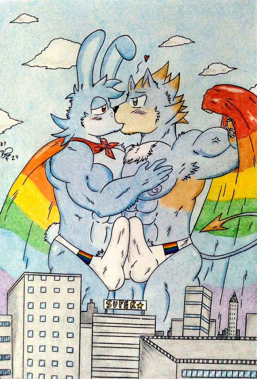 abs anthro barazoku biceps big_biceps big_muscles big_pecs blush blush_lines building bulge bulge_frottage city cityscape clothing erection flexing flexing_bicep flexing_muscles frottage fur green_eyes heart_(marking) kiss_on_lips kissing lgbt_pride macro macro_anthro macro_male macro_on_macro male male/male manly markings muscular muscular_anthro muscular_arms muscular_legs muscular_male narrowed_eyes nipples obliques outside pecs pecs_touching penile pride_color_clothing pride_color_flag pride_color_underwear pride_colors rainbow_pride_colors red_eyes romantic romantic_couple scut_tail sex short_tail spade_tail speedo standing swimwear tail underwear vein white_clothing white_speedo white_swimwear white_underwear dashthefox lgbt_pride_month sega sonic_the_hedgehog_(series) fan_character eulipotyphlan hedgehog lagomorph leporid mammal rabbit 2024 absurd_res detailed hi_res traditional_media_(artwork)