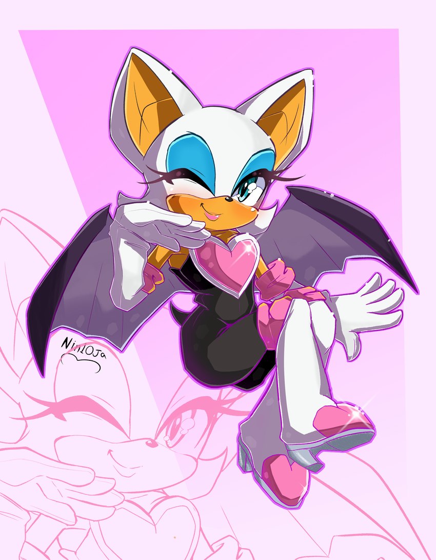 5_fingers anthro bat_wings breasts clothing female fingers footwear gloves handwear lipstick makeup membrane_(anatomy) membranous_wings one_eye_closed simple_background smile solo wings wink nin10ja sega sonic_the_hedgehog_(series) rouge_the_bat bat mammal 2020 absurd_res hi_res signature