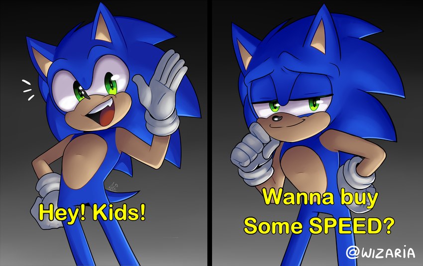 anthro blue_hair clothing dialogue drug_dealer gloves green_eyes hair handwear looking_at_viewer male open_mouth smile solo tail talking_to_viewer teeth text wizaria sega sonic_the_hedgehog_(series) sonic_the_hedgehog eulipotyphlan hedgehog mammal english_text hi_res