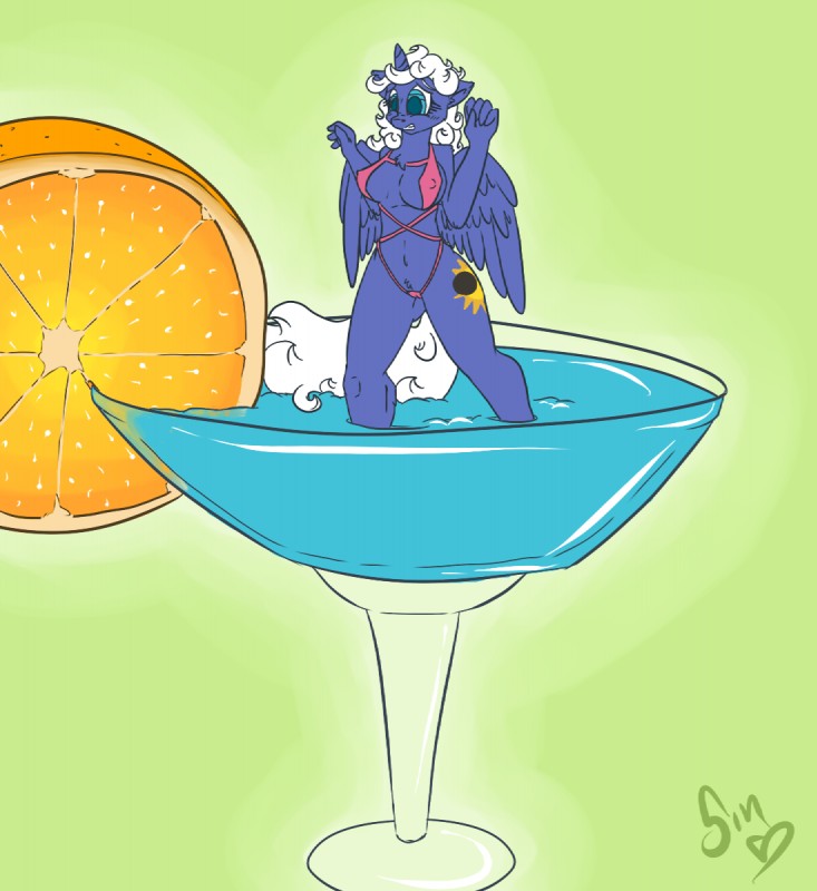 alcohol anthro beverage bikini biped clothing cocktail container cutie_mark feathered_wings feathers female food fruit horn in_beverage in_container in_cup in_glass micro orange_(fruit) orange_slice partially_submerged plant solo standing swimwear two-piece_swimsuit wings poisindoodles hasbro my_little_pony mythology fairy_dancer fan_character equid equine mammal mythological_creature mythological_equine winged_unicorn hi_res