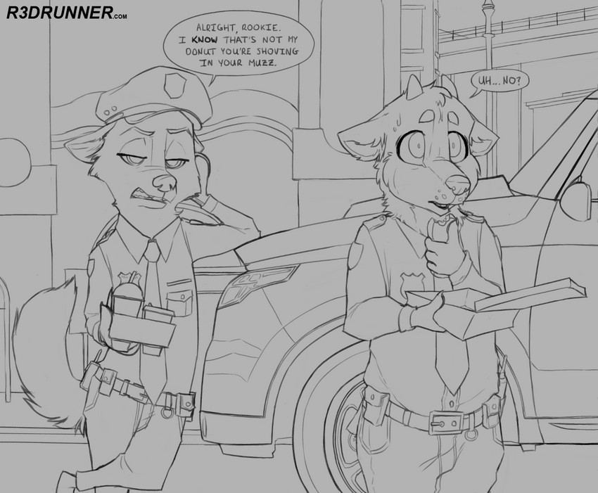 anthro beverage bodily_fluids burger car clothing dessert dialogue doughnut duo eating food male motor_vehicle pastry police police_car police_officer_eating_donut police_uniform police_vehicle soda sweat text uniform upset vehicle r3drunner disney zootopia fan_character nick_wilde canid canine canis domestic_dog fox mammal mastiff molosser red_fox spitz swedish_vallhund true_fox digital_drawing_(artwork) digital_media_(artwork) english_text monochrome