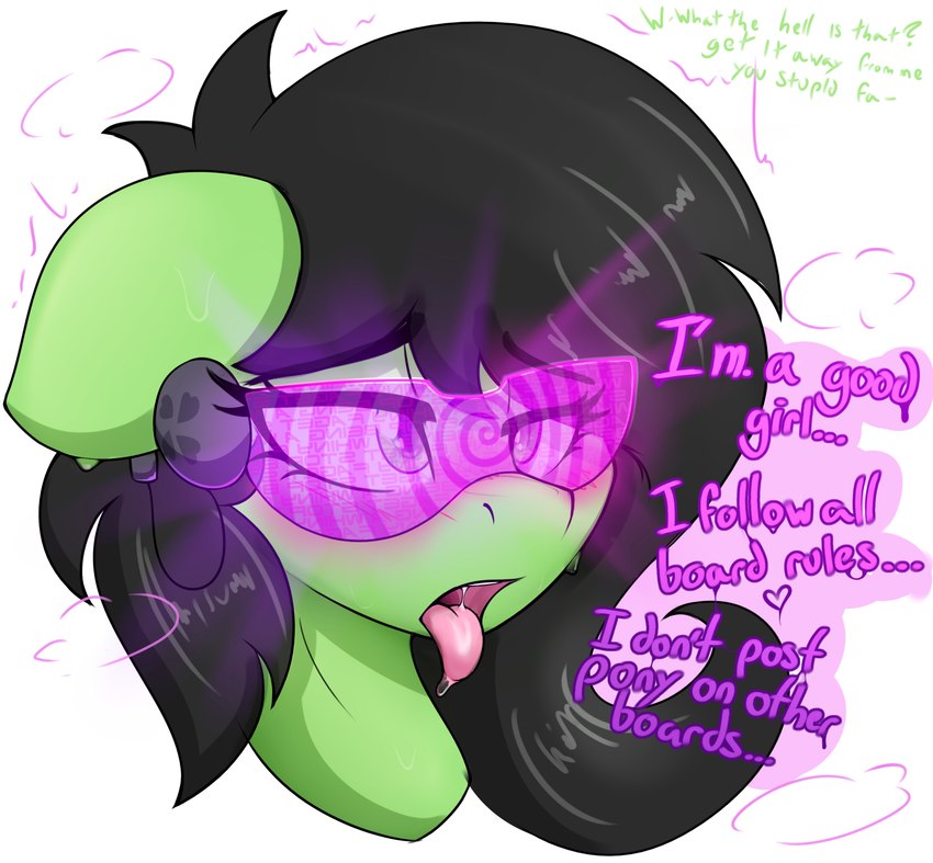 black_hair blush bodily_fluids brainwashing earbuds electronics female fur good_girl green_body green_fur hair headphones hypnosis hypnotic_visor mind_control saliva solo tech_control text tongue tongue_out czu 4chan hasbro my_little_pony anon filly_anon earth_pony equid equine horse mammal pony absurd_res bust_portrait english_text hi_res portrait