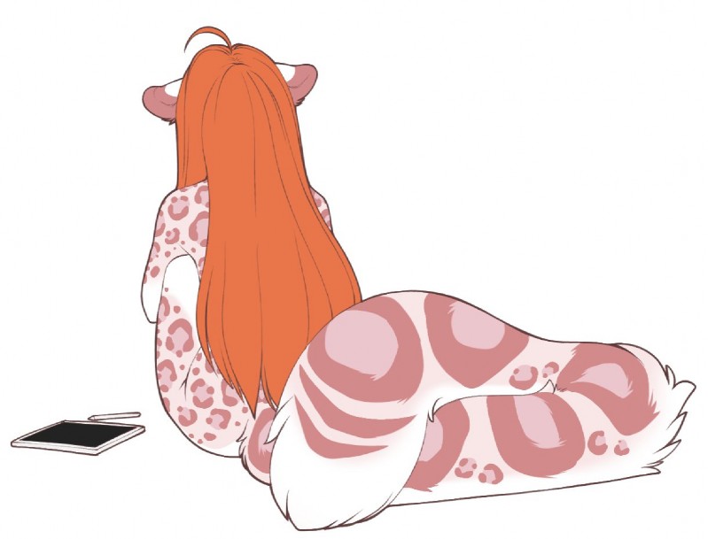 ambiguous_gender anthro drawing_tablet fur hair long_hair long_tail nude orange_hair pink_body pink_fur sitting solo stylus tablet tail white_body white_fur accelo mood accelo_(character) felid mammal pantherine snow_leopard 2020 male_(lore)