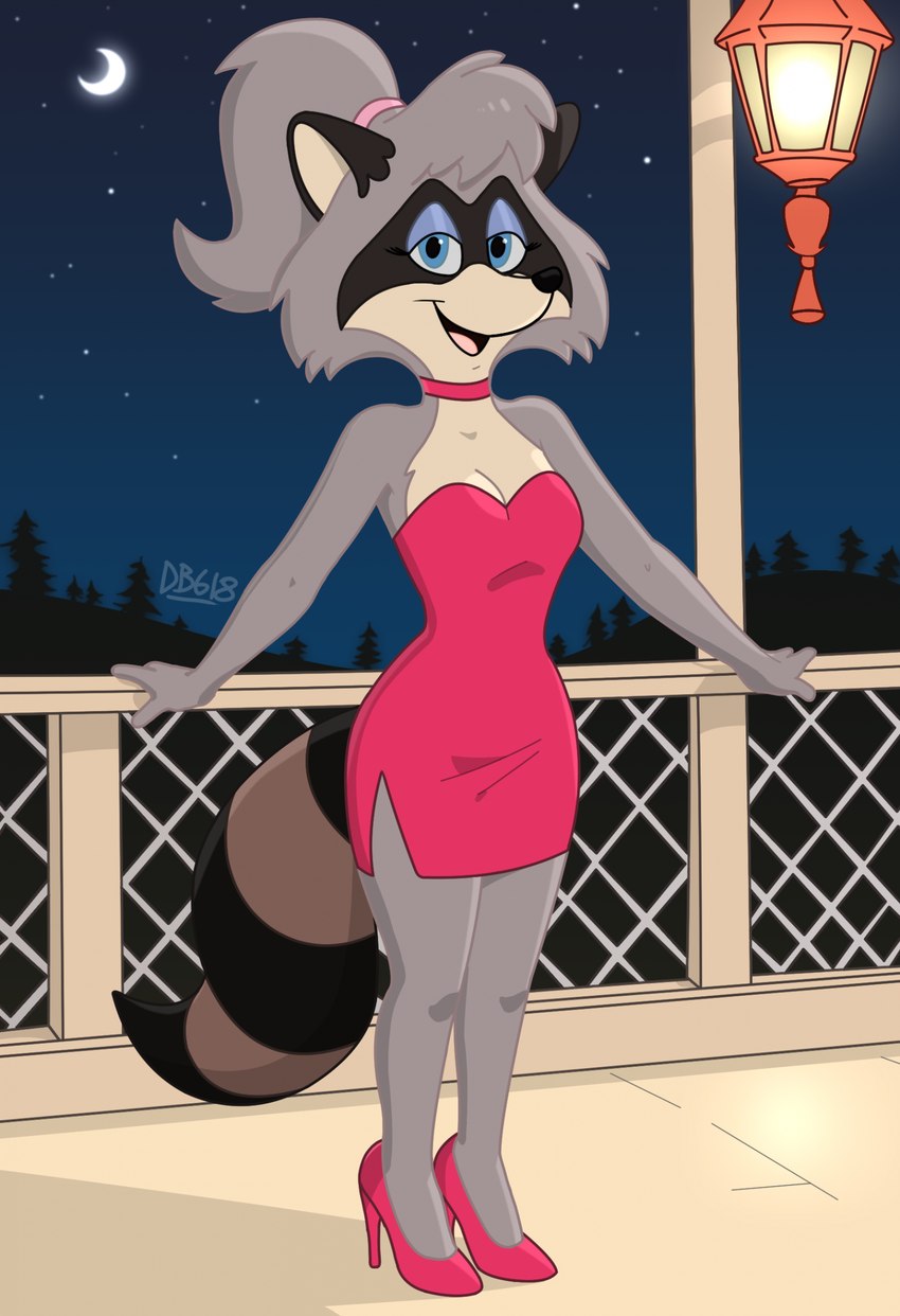 anthro blue_eyes breasts choker clothed clothing cocktail_dress dress female footwear forest forest_background fur hair high_heels jewelry looking_at_viewer moon nature nature_background necklace open_mouth pink_clothing pink_dress plant ponytail seductive shoes smile solo star tail tree dragonboy618 the_raccoons lisa_raccoon mammal procyonid raccoon digital_media_(artwork) hi_res