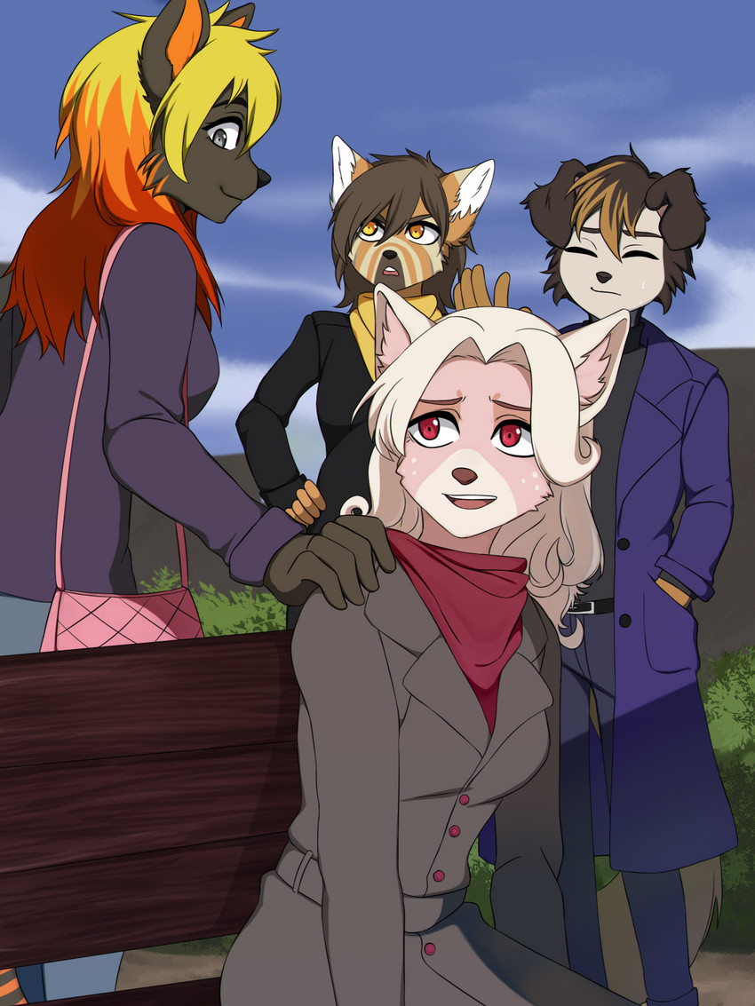 anthro clothed clothing eyes_closed female fully_clothed group hand_on_shoulder male overcoat purple_eyes purse red_eyes yellow_eyes yokochif dorothy_bellsong hato_the_collie jezzle mika_the_cat border_collie canid canine canis collie domestic_cat domestic_dog felid feline felis herding_dog husky mammal nordic_sled_dog pastoral_dog sheepdog spitz 3:4 digital_media_(artwork) hi_res portrait three-quarter_portrait