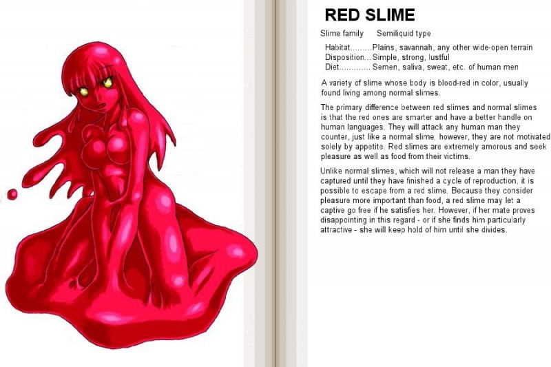 breasts featureless_breasts female monster_girl_(genre) not_furry red_slime slime solo text kenkou_cross third-party_edit monster_girl_profile goo_creature humanoid 3:2 english_text hard_translated translated translation_edit