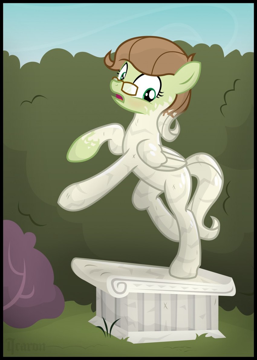 brown_hair eyewear feathered_wings feathers female feral glasses grass green_body green_eyes grey_body hair hedge inanimate_transformation mid_transformation on_one_leg open_mouth outside petrification plant plinth shrub solo standing statue_transformation statufication transformation wearing_glasses wings icaron hasbro my_little_pony mythology saga_(icaron) equid equine mammal mythological_creature mythological_equine pegasus artist_name hi_res watermark