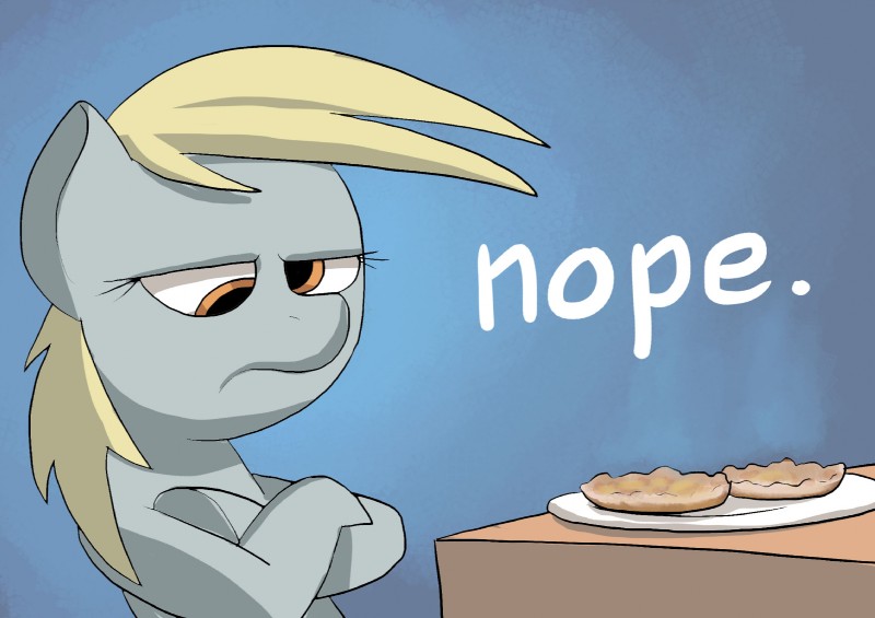 annoyed blonde_hair bread denied derp_eyes english_muffin female feral food furniture hair muffin plate simple_background solo stern sulking table text unimpressed yellow_eyes docwario friendship_is_magic hasbro my_little_pony derpy_hooves_(mlp) equid equine horse mammal pony 2012 english_text hi_res reaction_image