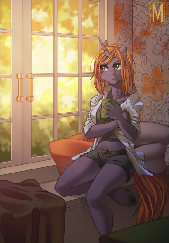 5_fingers anthro biped clothed clothing day detailed_background female fingers fur green_eyes hair hooves horn inside looking_outside looking_through looking_through_window navel orange_hair purple_body purple_fur sitting solo window window_seat margony mythology equid equine mammal mythological_creature mythological_equine unicorn 2016 digital_media_(artwork) hi_res shaded