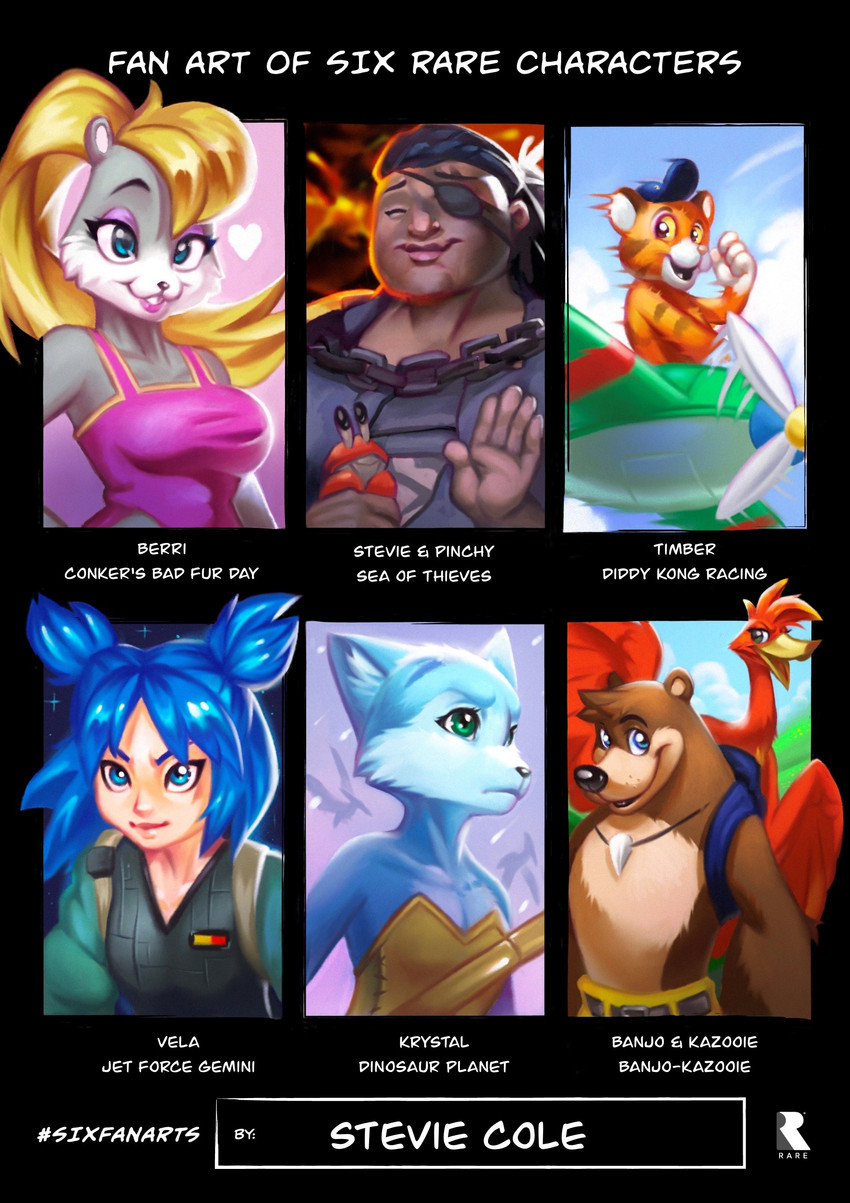 krystal, vela, banjo, timber the tiger, kazooie, and etc (six fanarts challenge and etc) created by stevie cole