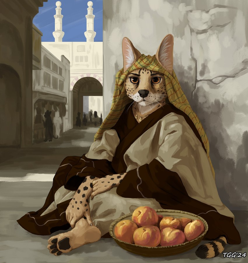 4_toes ambiguous_gender anthro clothing feet female food fruit headscarf looking_at_viewer orange_eyes pawpads plant sitting sitting_on_ground solo toes tggeko felid feline mammal serval 2024 absurd_res digital_media_(artwork) hi_res