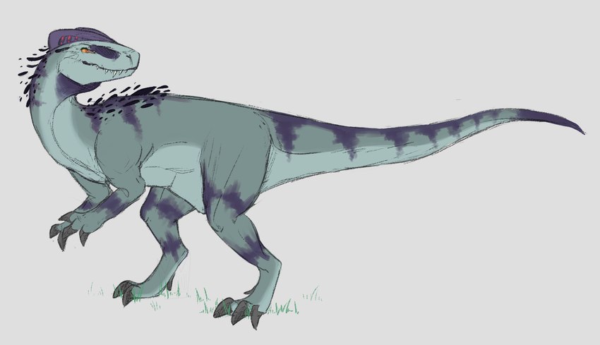 ambiguous_gender claws digitigrade feral grass grey_background grey_body grey_claws grey_scales markings orange_eyes plant pubic_boot purple_markings purple_stripes scales sharp_teeth simple_background smile solo standing striped_markings stripes tail teeth jaspering dilophosaurid dilophosaurus dinosaur prehistoric_species reptile scalie theropod 2018 digital_drawing_(artwork) digital_media_(artwork) flat_colors full-length_portrait portrait