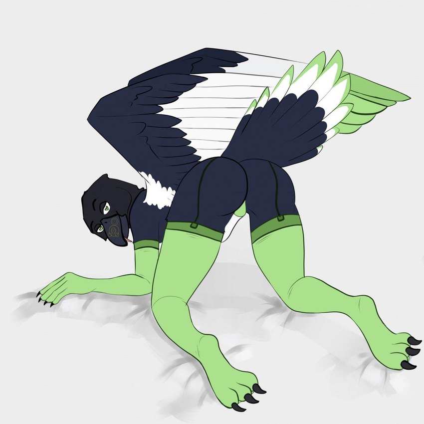 anthro arcy-major armwear beak beak_markings butt clothing feathers green_clothing heart_eyes heart_symbol legwear male markings presenting presenting_hindquarters solo tail tail_feathers thigh_highs underfluffies tritium avian bird corvid magpie_(corvid) oscine passerine 1:1 hi_res