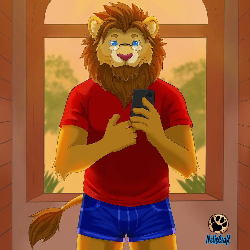 anthro blue_bottomwear blue_clothing blue_eyes blue_shorts bottomwear brown_hair cellphone clothing electronics eyewear glasses hair male mane paws phone red_clothing red_shirt red_topwear round_glasses shirt shorts smartphone solo stan_the_lion tail topwear netiscraft felid lion mammal pantherine 1:1 hi_res