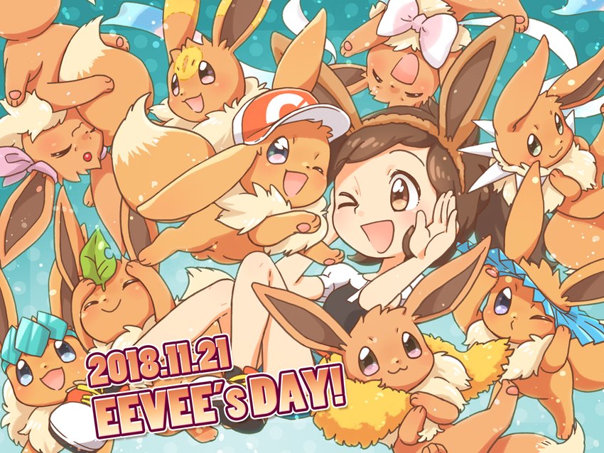 ambiguous_gender anthro female group wataame eevee_day nintendo pokemon eevee eeveelution espeon flareon generation_1_pokemon generation_2_pokemon generation_4_pokemon generation_6_pokemon glaceon human jolteon leafeon mammal pokemon_(species) sylveon umbreon vaporeon 4:3