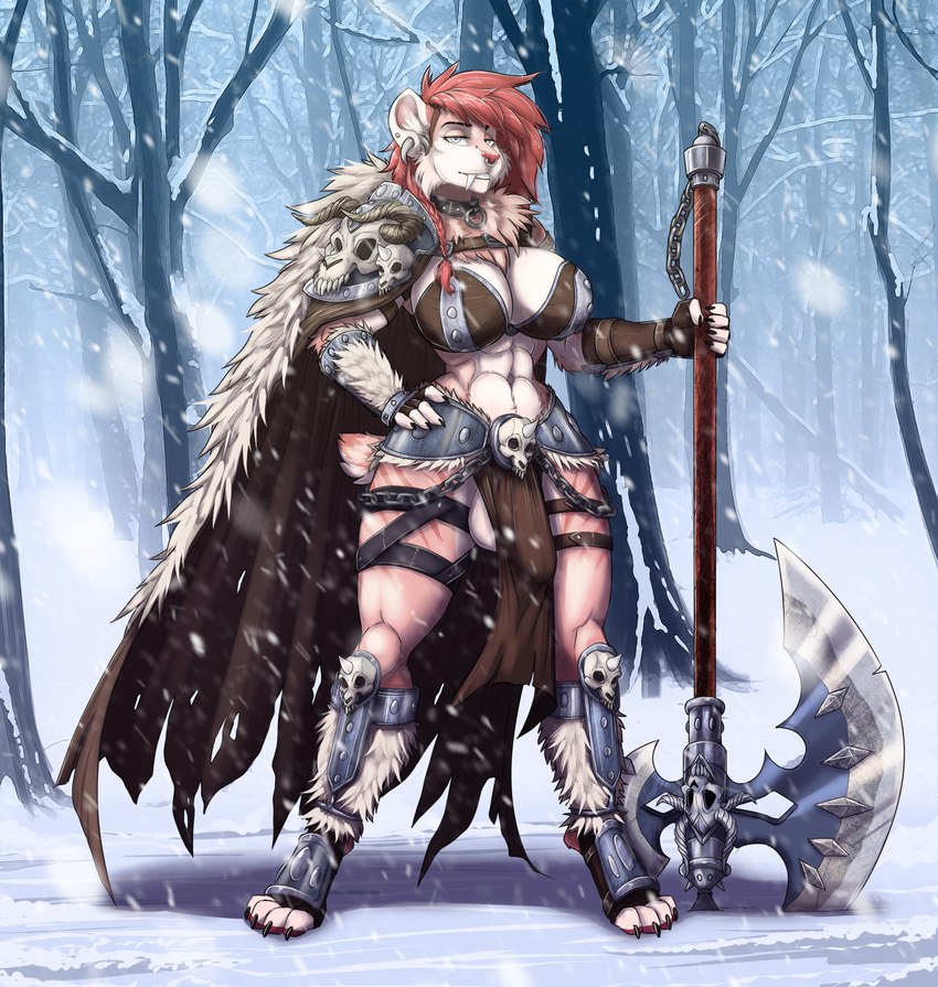 anthro armor axe balls black_claws blue_eyes bone bone_ear_ring bored bottomwear breasts cape claws clothing collar ear_piercing ear_stud facial_piercing fangs frozen fur fur_trim_(clothing) genitals gynomorph hair ice inner_ear_fluff intersex lake loincloth looking_at_viewer muscular muscular_gynomorph muscular_intersex navel nose_piercing piercing pink_body pink_fur pink_hair sabertooth_(anatomy) skull skull_accessory snow solo tattered_cape teeth tuft unconvincing_armor weapon white_body white_fur ticl monroe_(winterspell) felid mammal prehistoric_species saber-toothed_tiger hi_res