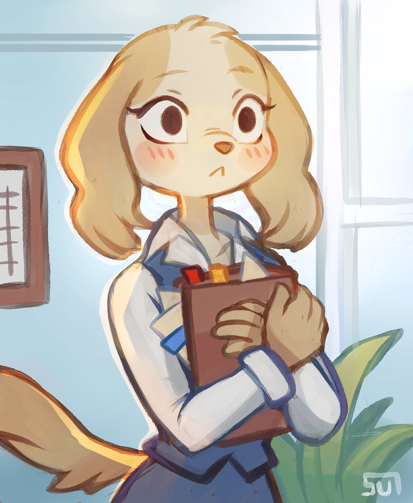 anthro blush blush_lines clothed clothing daww detailed_background female female_anthro holding_object plant solo wide_eyed window suikuzu suizilla aggretsuko sanrio inui_(aggretsuko) borzoi canid canine canis domestic_dog hunting_dog mammal sighthound 2020 absurd_res digital_media_(artwork) hi_res icon shaded signature