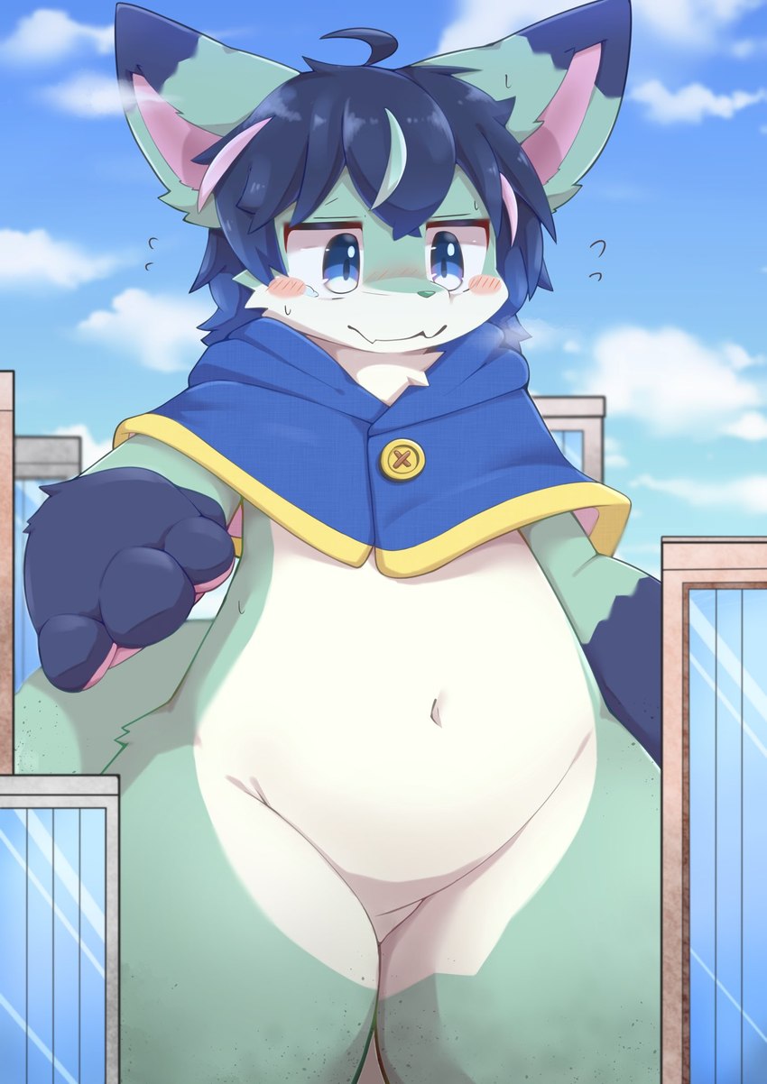 ahoge ambiguous_gender anthro belly belly_tuft black_ear_tips black_hair black_paws blue_clothing blue_eyes blue_topwear blush building clothing cloud dipstick_ears ear_markings featureless_crotch fur green_body green_ears green_fur green_nose hair half-closed_eyes kemono looking_down macro multicolored_ears narrowed_eyes nude solo topwear tuft white_belly white_body white_fur wide_hips xennochan production_taiikukan polaris_(polaris_mint) canid canine fox mammal hi_res