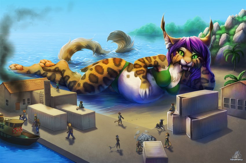 anthro beach breasts clothed clothing day detailed_background female fur group hair macro open_mouth outside purple_hair sand seaside shoreline sky smile tail teeth tongue water white_body white_fur neotheta feligris canid canine felid feline lynx mammal 2016 digital_media_(artwork) hi_res