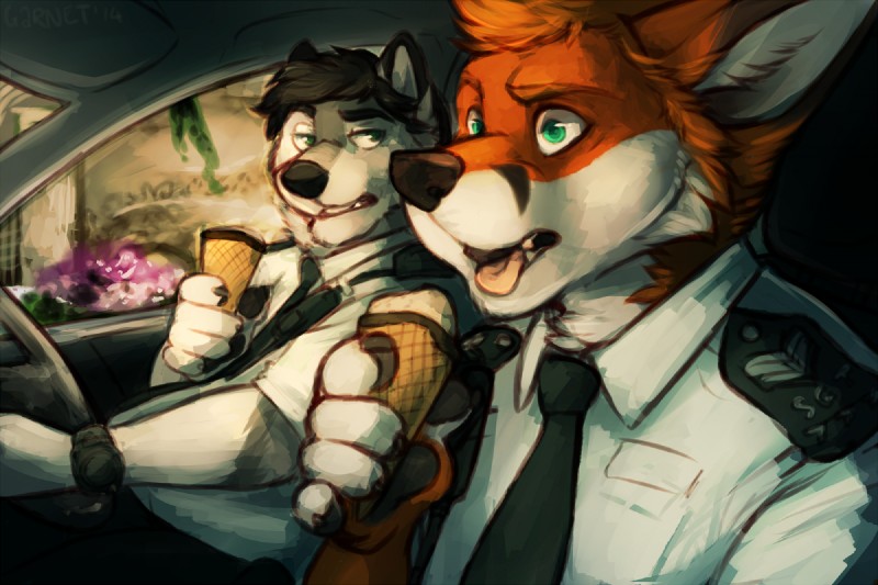 anthro black_hair car clock clothing dessert duo food fur green_eyes grey_body grey_fur hair ice_cream inside_car inside_vehicle male motor_vehicle necktie orange_body orange_fur orange_hair police police_car police_vehicle shirt teeth tongue tongue_out topwear vehicle watch white_body white_fur wristwatch conditional_dnp garnetto hot_fuzz canid canine canis fox mammal wolf 3:2