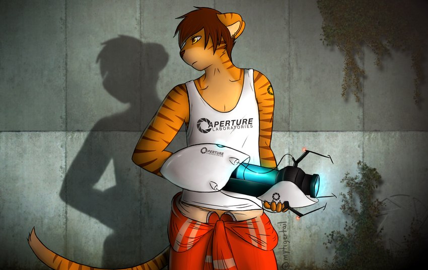 amber_eyes anthro brown_hair brown_nose chamber claws clothing countershading fur hair jumpsuit male moss orange_body orange_fur plant portal_gun shirt solo tank_top topwear mytigertail aperture portal_(series) valve gabe_(mytigertail) felid mammal pantherine tiger 2014 digital_media_(artwork) hi_res