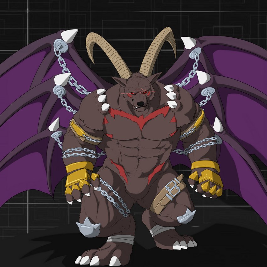 abs anthro belt brown_body brown_fur chain claws fur horn male muscular muscular_anthro muscular_male pecs red_eyes solo wings riseson bandai_namco digimon belphemon belphemon_(rage_mode) bovid caprine demon digimon_(species) goat mammal 1:1 hi_res