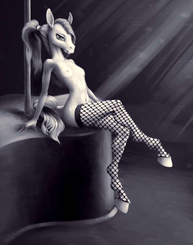 anthro biped breasts clothing crossed_legs detailed_background female fishnet_clothing fishnet_legwear hair hooves inside legwear light light_beam long_hair looking_at_viewer mostly_nude nipples nude nude_anthro nude_female pole ponytail pose sitting small_breasts solo stage tail tail_wraps three-quarter_view unguligrade wraps anchors_art_studio equid equine horse mammal dark_theme digital_media_(artwork) full-length_portrait greyscale hi_res monochrome portrait shaded soft_shading