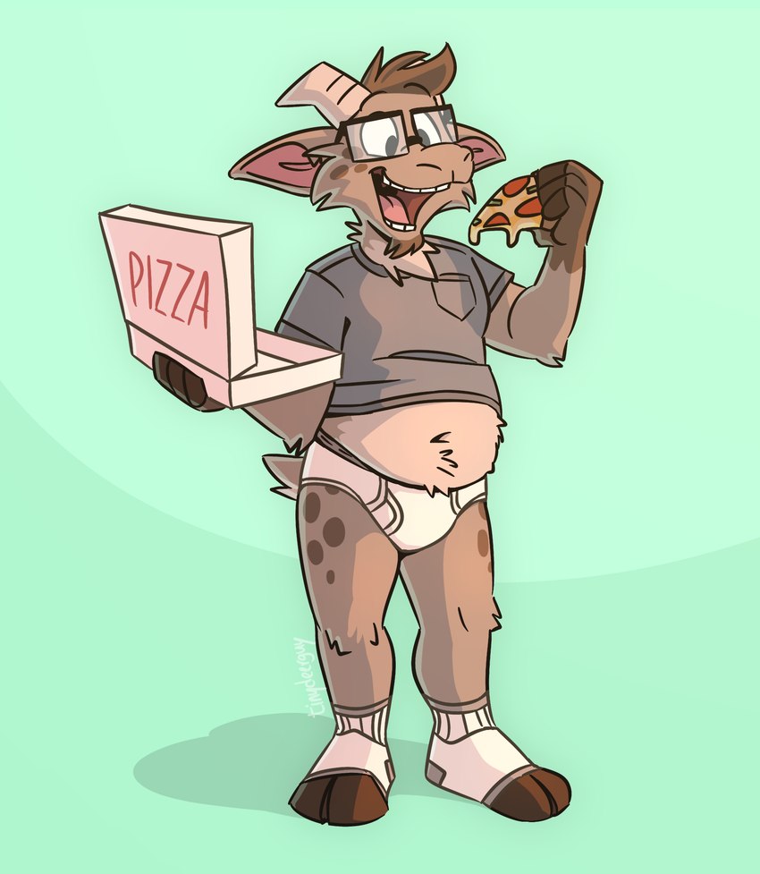 anthro belly briefs brown_body brown_fur brown_hair clothed clothing container eating eyewear facial_hair food footwear freckles fur glasses goatee green_background grey_clothing grey_shirt grey_t-shirt grey_topwear grey_waistband hair horn hungry male markings nerd open_mouth pantsless pantsless_male pizza pizza_box raised_clothing raised_shirt raised_topwear shirt shirt_pocket simple_background slightly_chubby smile socks solo spots spotted_markings t-shirt teeth teeth_showing tighty_whities toeless_footwear toeless_socks tongue tongue_showing topwear underwear uvula white_briefs white_clothing white_footwear white_socks white_underwear tinydeerguy gary_(tinydeerguy) bovid caprine goat mammal hi_res signature