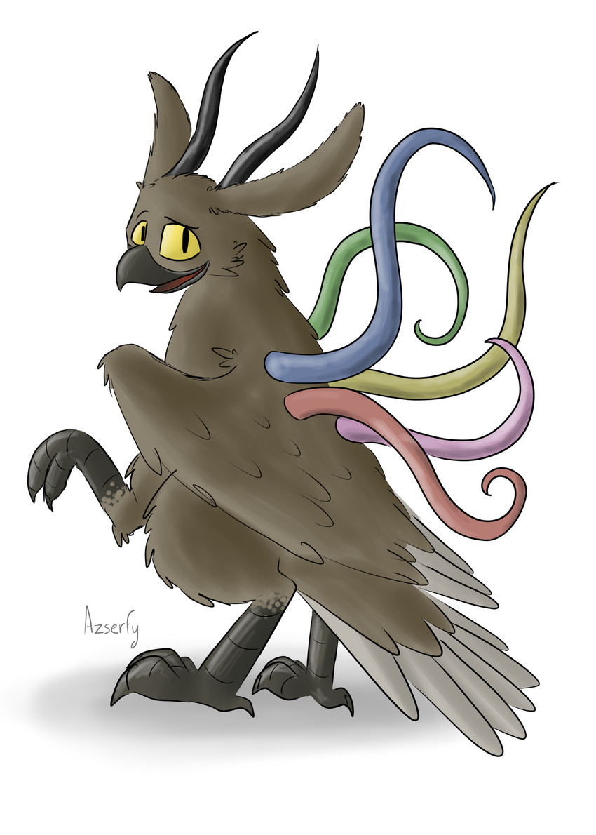 2_horns 3_legs 5_tentacles back_tentacles beak bovid_horn caprine_horn feathers feet female feral horn looking_at_viewer rabbit_ears raised_leg solo talons tentacles toes triped wings yellow_eyes azserfy scp_foundation scp-2703-1 avian bird bovid caprine chimera eurasian_eagle-owl horned_owl lagomorph leporid mammal owl true_owl absurd_res hi_res