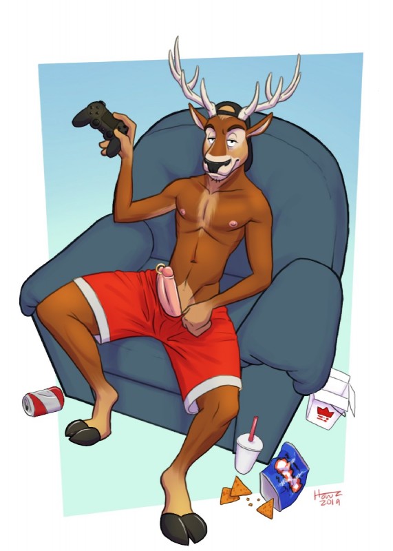 anthro antlers armchair arms_bent athletic athletic_anthro athletic_male backwards_baseball_cap backwards_hat bag baseball_cap bent_legs beverage_can biped bottomwear can chair chip_bag chips_(food) clothed clothing cloven_hooves container controller erection facial_hair food food_container foreskin furniture game_controller genital_piercing genitals hand_on_leg hand_on_own_leg hand_on_own_thigh hand_on_thigh hat headgear headwear holding_controller holding_game_controller holding_object hooves horn humanoid_genitalia humanoid_penis inviting legs_over_edge looking_at_viewer male manspreading navel nipples on_armchair over_edge penis penis_piercing penis_poking_out piercing playstation_controller prince_albert_piercing raised_hand resting_arm seductive shorts sitting smile solo topless touching_leg touching_own_leg touching_own_thigh touching_thigh wireless_controller howz doritos dualshock dualshock_4 frito-lay playstation playstation_4 sony_corporation sony_interactive_entertainment deer mammal 2019 hi_res