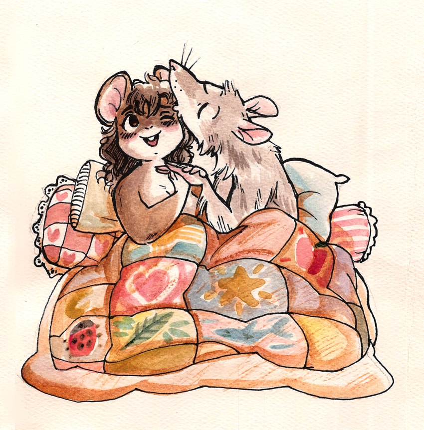 anthro bedding biped blanket blush brown_body brown_fur brown_hair cuddling cuddling_up_together curled_hair duo eyes_closed female frilly_pillow fur grey_body grey_fur hair hand_holding kiss_on_forehead kissing male male/female nude one_eye_closed open_mouth pillow quilt romantic romantic_couple simple_background slightly_chubby slightly_chubby_anthro slightly_chubby_female smile under_blanket whiskers white_background bedupolker mariella_(bedupolker) cricetid deer_mouse mammal murid murine rat rodent half-length_portrait hi_res mixed_media portrait traditional_media_(artwork) trans_(lore) trans_man_(lore)