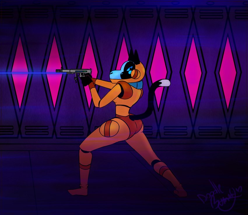 aiming anthro armor black_body black_fur blue_clothing blue_eyes blush clothing corridor female fur gun hallway handgun headgear helmet laser laser_pointer laser_sight looking_away metal orange_clothing pink_background pistol pose pupils purple_background ranged_weapon shooting simple_background slit_pupils solo space spacecraft spacesuit standing stern tail vehicle weapon doodlebunnyart liptious_biscuit_(doodlebunnyart) felid feline mammal hi_res