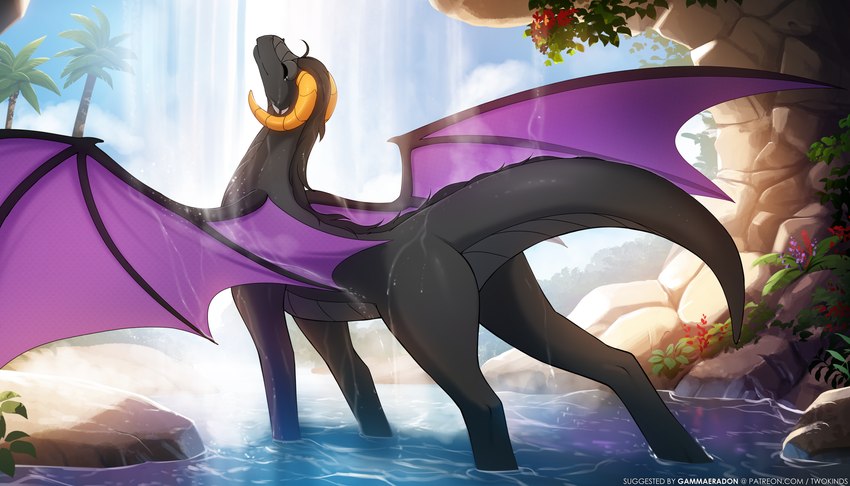 ambiguous_gender bathing black_body black_scales black_tail butt cloud day eyes_closed feral horn membrane_(anatomy) membranous_wings outside plant quadruped rear_view scales sky smile solo tail text tree water waterfall wet wet_body wings yellow_horn conditional_dnp narikusha tom_fischbach european_mythology mythology twokinds madam_reni_(twokinds) dragon mythological_creature mythological_scalie scalie western_dragon 2025 7:4 absurd_res digital_media_(artwork) hi_res url female_(lore)