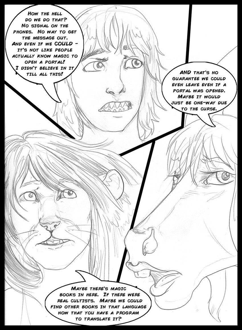 anthro black_border border buckteeth dialogue female feral fur group hair male sharp_teeth teeth text whiskers arania the_cabin_in_the_woods_(arania) amanda_(tcitw) carla_(tcitw) jack_(tcitw) armadillo_girdled_lizard asinus donkey equid equine felid girdled_lizard humanoid lion lizard mammal pantherine reptile scalie comic english_text hi_res monochrome herm_(lore)