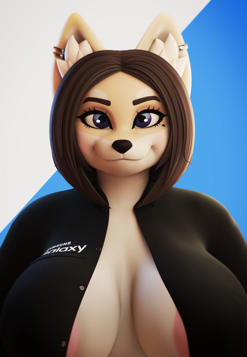 anthro areola areola_slip big_breasts breasts clothed clothing cross-eyed ear_piercing female fur piercing shirt smile solo topwear yellow_body yellow_fur mipsmiyu samsung_sam canid canine canis domestic_dog mammal shiba_inu spitz 3d_(artwork) absurd_res digital_media_(artwork) hi_res