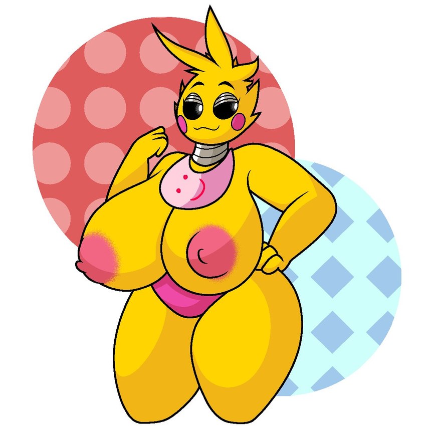 anthro bib big_breasts big_nipples breasts dark_sclera feathers female hand_on_hip machine metal nipples non-mammal_nipples pink_nipples rosy_cheeks simple_background solo wide_hips yellow_body yellow_feathers chip_at_night five_nights_at_freddy's five_nights_at_freddy's_2 scottgames toy_chica_(fnaf) animal_humanoid animatronic avian avian_humanoid bird chicken galliform gallus_(genus) humanoid phasianid robot 1:1 digital_drawing_(artwork) digital_media_(artwork) hi_res