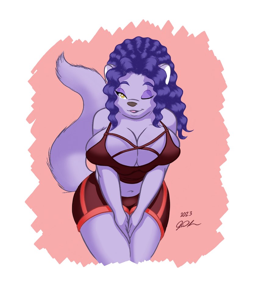 anthro big_breasts bra breast_squish breasts clothing exercise female fur hair huge_breasts looking_at_viewer one_eye_closed pose purple_body purple_fur purple_hair slightly_chubby solo sports_bra squish underwear wink winking_at_viewer workout workout_clothing yellow_eyes peterandwhitney whitney_(pnc) felid feline mammal hi_res pinup