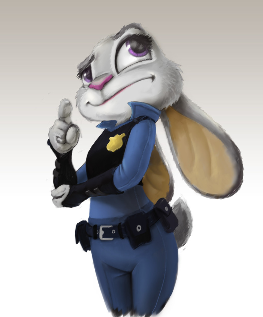 anthro badge belt cheek_tuft clothed clothing facial_tuft fully_clothed fur gradient_background grey_body grey_fur police police_uniform purple_eyes simple_background solo tuft uniform ruffu disney zootopia judy_hopps lagomorph leporid mammal rabbit 2015 hi_res