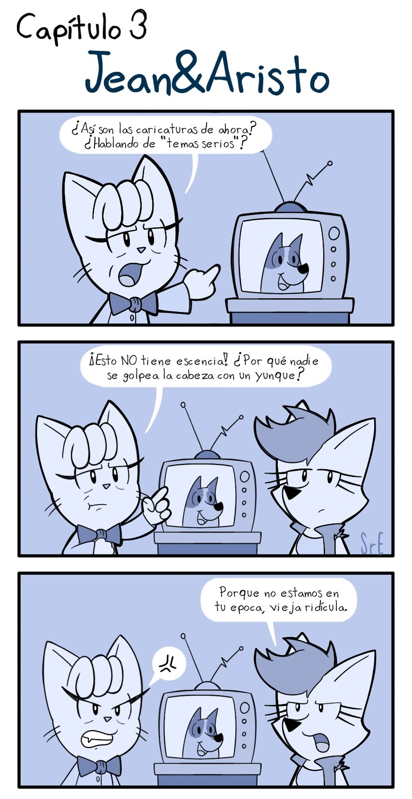 age_difference angry anthro cameo duo electronics female humor older_female parody television television_antenna television_show text el_senor_erizo bluey_(series) jean_and_aristo_(comic) no_debts_(comic) antoinette_ida_aristotle bluey_heeler jean_blueeyes arctic_fox canid canine domestic_cat felid feline felis fox mammal true_fox hi_res monochrome spanish_text translated