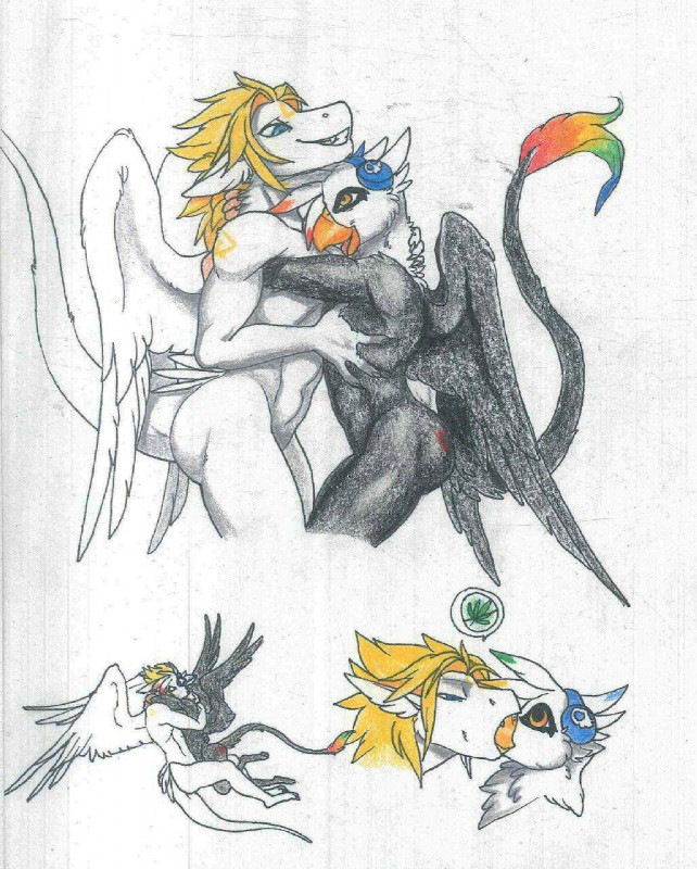 anthro beak bite drugs duo electronics feathered_wings feathers fur happy headphones hug male male/male marijuana multicolored_body multicolored_fur rainbow rainbow_body rainbow_fur romantic romantic_couple smile tail tail_tuft tuft wings cerezo mythology siegfried skoop angel angel_dragon avian dragon gryphon leoketsal mythological_avian mythological_creature mythological_scalie scalie hi_res